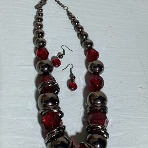Elegant Red and Silver Beaded Necklace and Earring Set